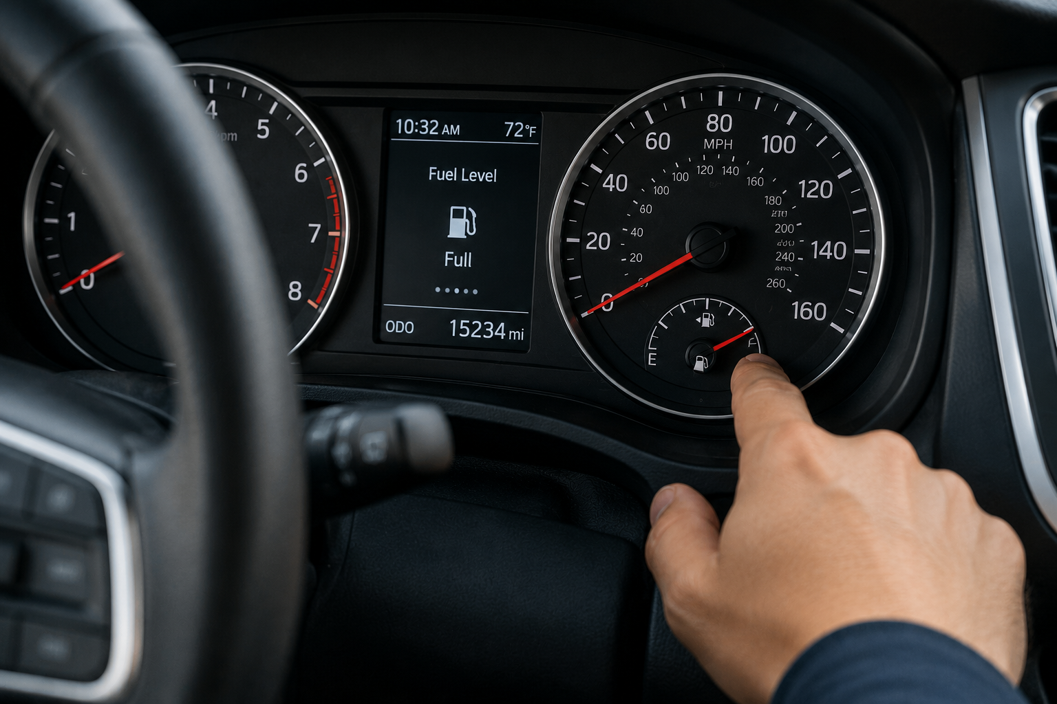 Close-up of a driver checking fuel gauge and odometer