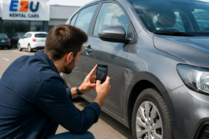 Customer photographing rental car damage before driving away