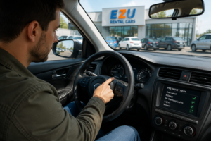 Driver checking fuel, mileage, and dashboard lights in a rental car