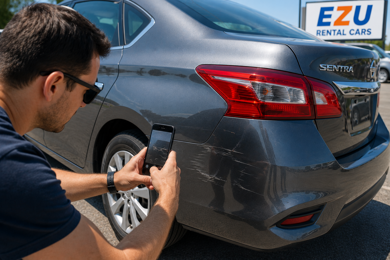 Driver photographing scratches and dents on the rental car
