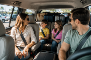 Family checking passenger space inside a rental SUV