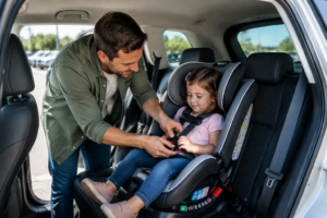 Parent installing child safety seat in rental car