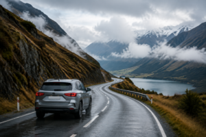 Rental SUV driving through changing New Zealand weather conditions