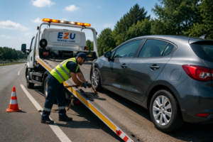 Roadside assistance towing a broken down rental car safely