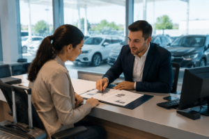 Traveler discussing rental car insurance options with agent