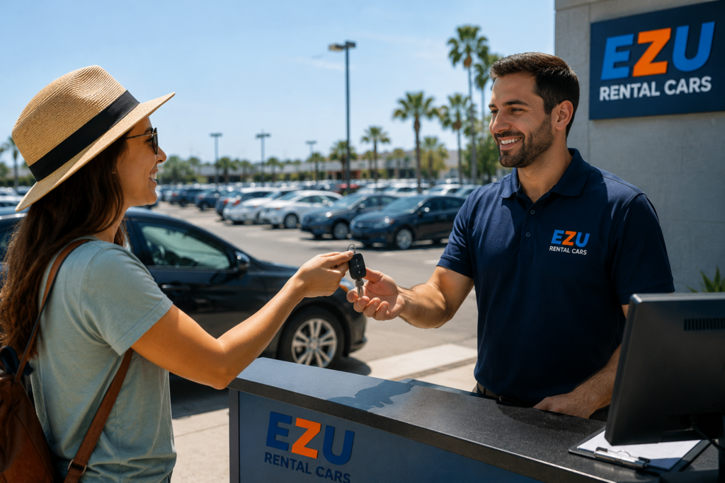 Traveler handing over car keys to rental agent