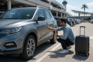 Traveler inspecting rental car before leaving airport pickup area