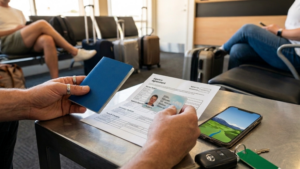 Traveler reviewing rental documents before car pickup