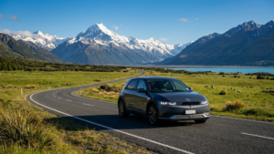 Electric rental SUV driving through New Zealand countryside