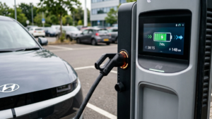 Electric rental vehicle connected to charging station