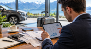 Business traveler reviewing rental car expenses and documents