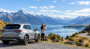 Rental SUV parked beside a scenic New Zealand mountain route