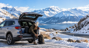 Rental SUV prepared for winter driving in New Zealand mountains