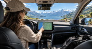 Traveler planning New Zealand road trip route inside rental car