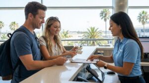 Rental agent verifying licences for additional rental car drivers